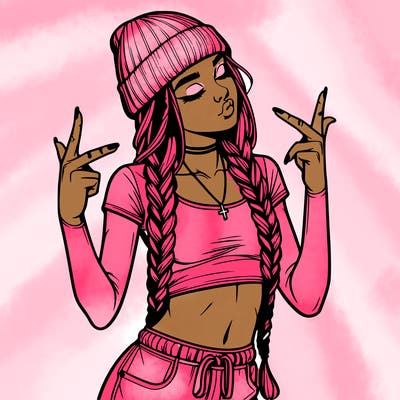 realistic teenage girl with braids and a beanie and crop top doing 🫶🏼