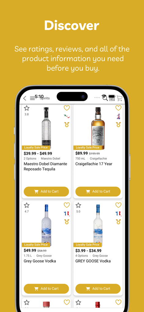 Pantalla de teléfono inteligente de la aplicación Hazel's Beverage World que muestra una variedad de licores como tequila y vodka con precios.