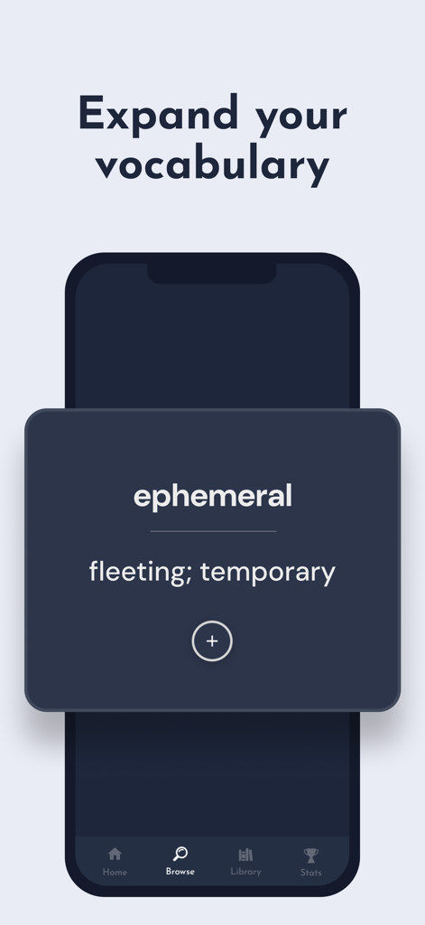 Interface of the nodu vocabulary app showing a word card for ephemeral with its definition.