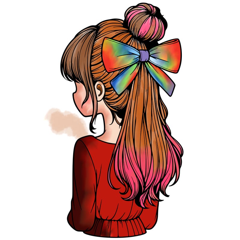 realistic girl  with hip length hair a bun and a big bow on the back of head