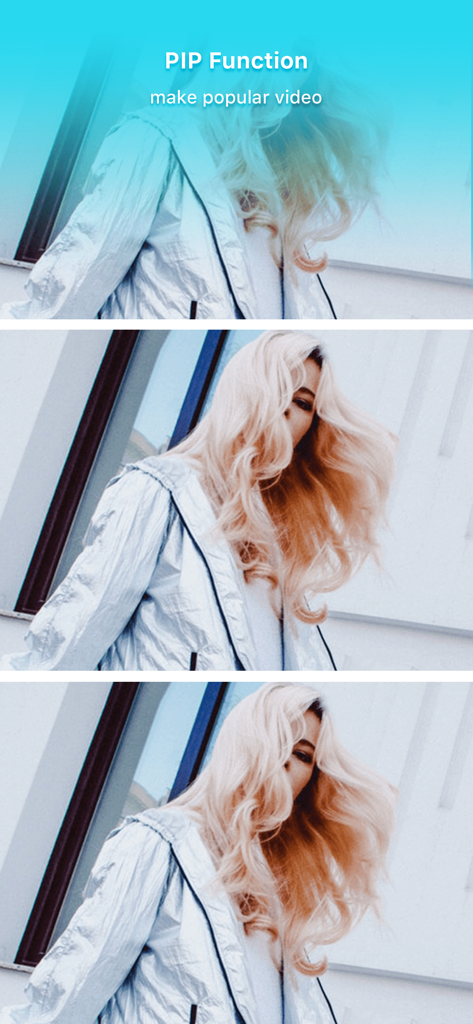 A demonstration of the PIP function in VideoShow PRO featuring a woman with blonde hair in a silver jacket