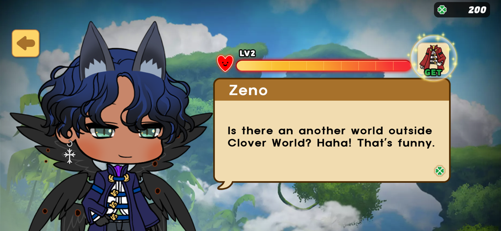 Character Maker - An anime character named Zeno with wings and animal ears in a story scene from the Character Maker app
