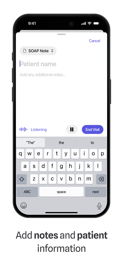 Interface de l'application Medical Scribe pour ajouter les noms des patients et enregistrer les notes cliniques.