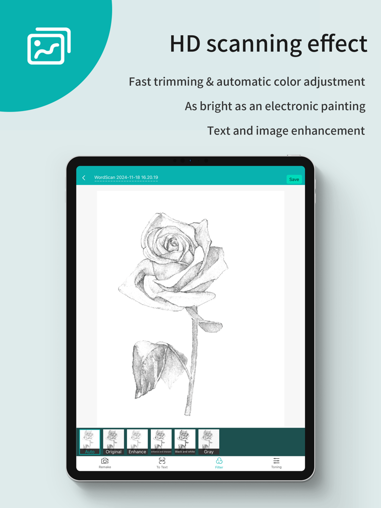 App WorldScan HD su iPad che mostra l'ottimizzazione delle immagini e gli effetti di scansione HD