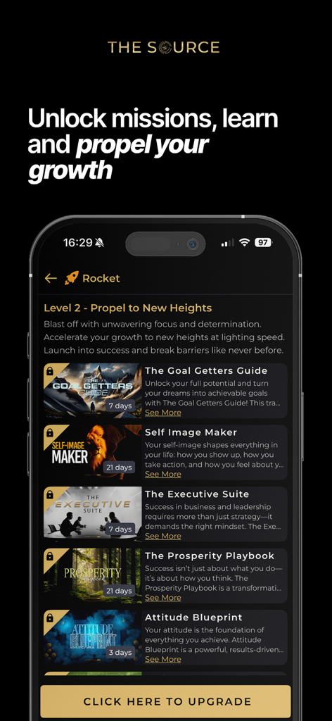 The Source. - Interface of The Source app showing personal growth courses and missions for high achievers