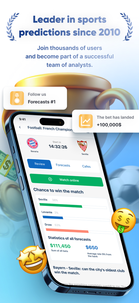 Kush: Betting Predictions - Kush mobile app displaying football match win probabilities and tipster performance statistics