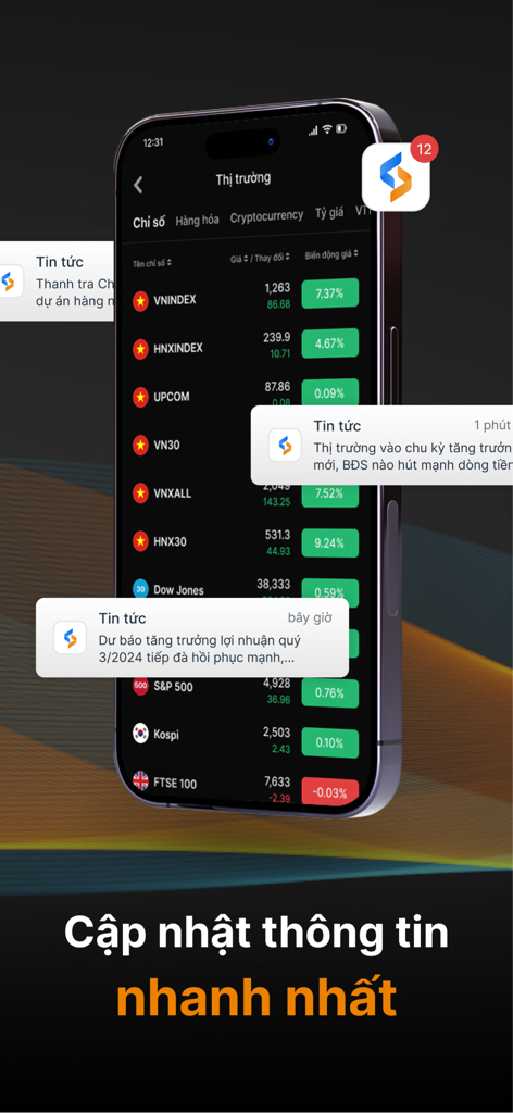 Mobile screen of Simplize app showing Vietnamese and international stock market indices with news alerts