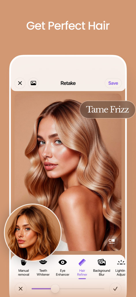 Mobile app interface showing the AI hair refiner tool taming frizz and perfecting hair on a portrait.