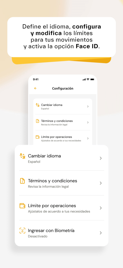 BASEinet - Pantalla de configuración de la banca móvil BASEinet que muestra las configuraciones de idioma, límites de transacciones y opciones de inicio de sesión biométrico Face ID.