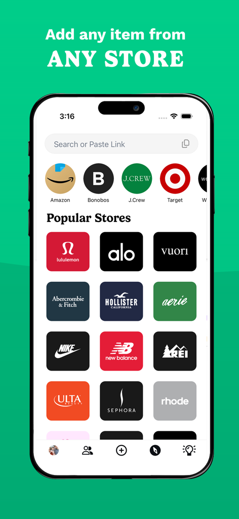 Giftful app interface displaying popular retail stores for adding items to a universal wishlist