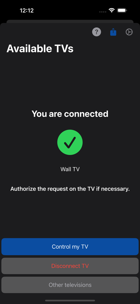 TV Remote • Universal Control - Un écran de smartphone montrant une connexion réussie à un téléviseur intelligent dans l'application de télécommande universelle