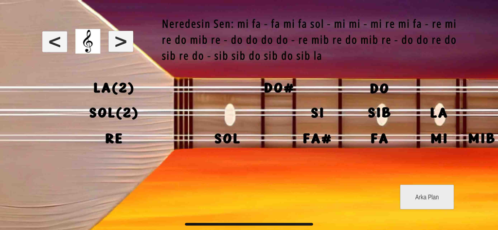 Digital interface of the Baglama Saz app featuring a virtual Turkish instrument with musical notes and song lyrics