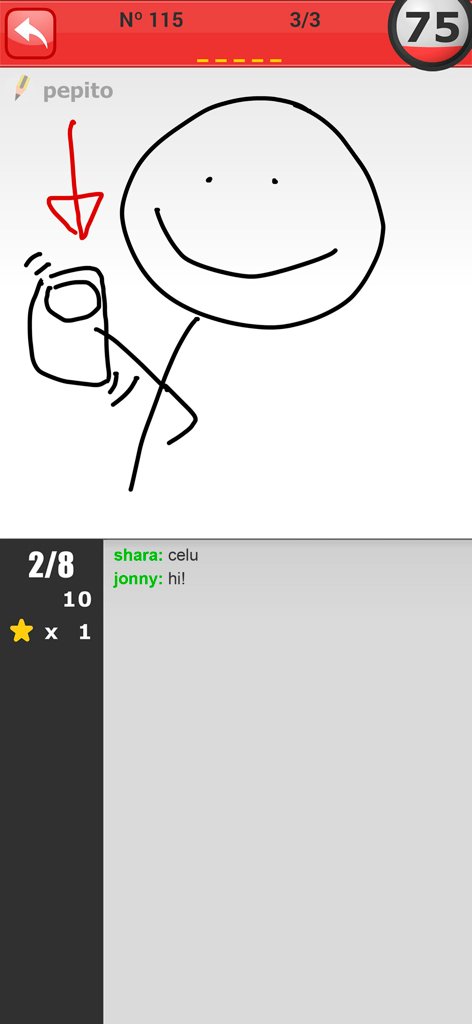 Pinturillo 2 - Draw & guess - Pinturillo 2 mobile app interface showing a player drawing a stick figure and participants guessing in chat