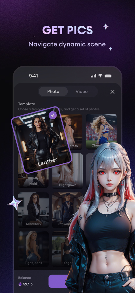 Tremble: Talk to AI Characters - Interface de l'application Tremble pour générer des images de personnages IA avec différents modèles de style comme cuir et secrétaire.