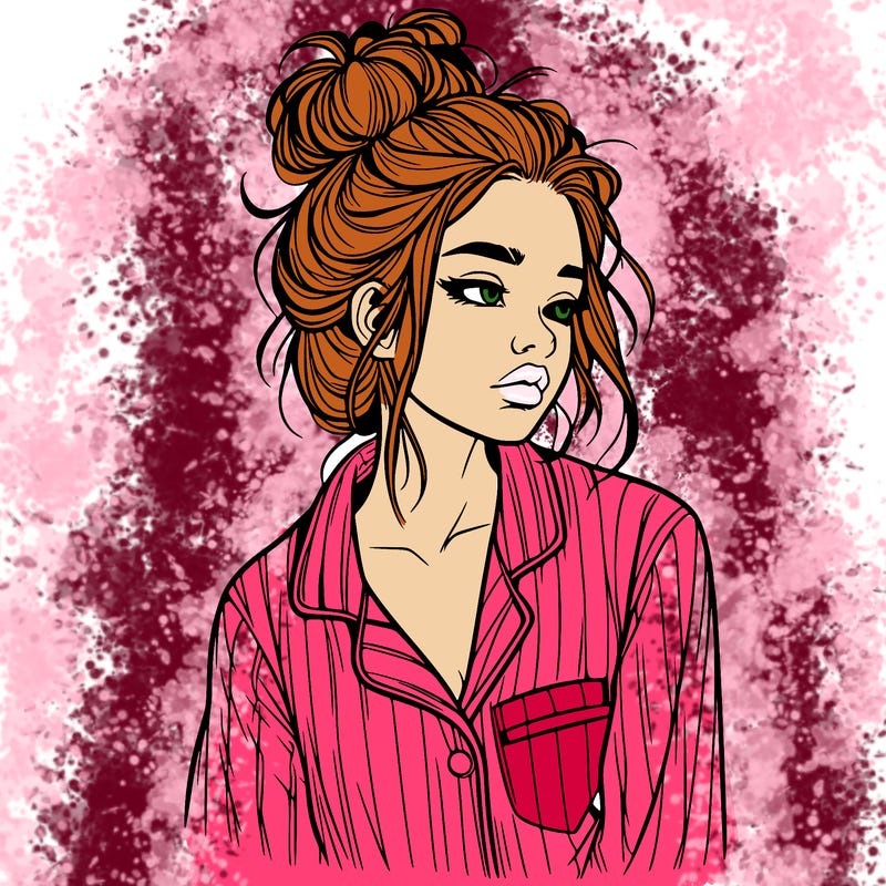 realistic woman with pajamas on and a messy bun