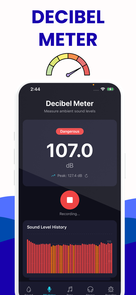 Speaker Fix app decibel meter screen showing a 107.0 dB sound level measurement and history graph