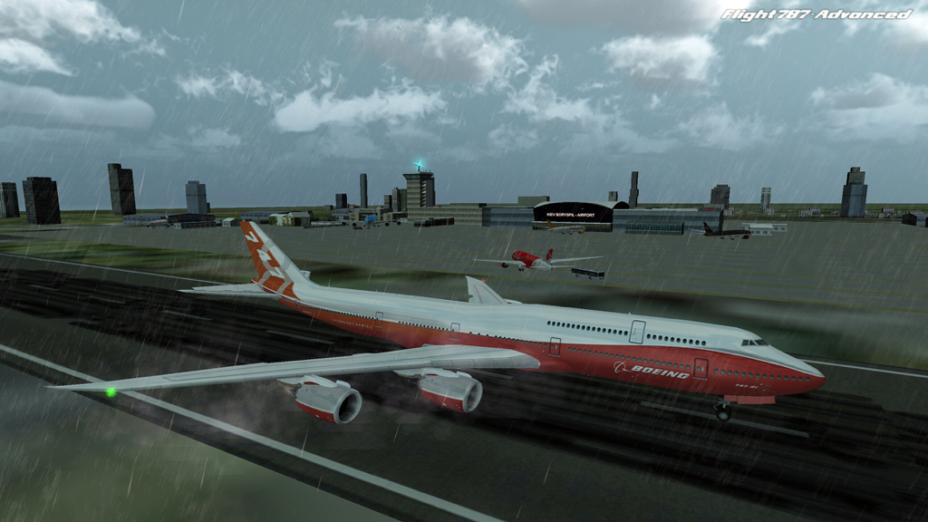 Flight 787 - Advanced - A Boeing 747 airplane on a wet runway at Kiev Boryspil Airport during a rainy flight simulation.