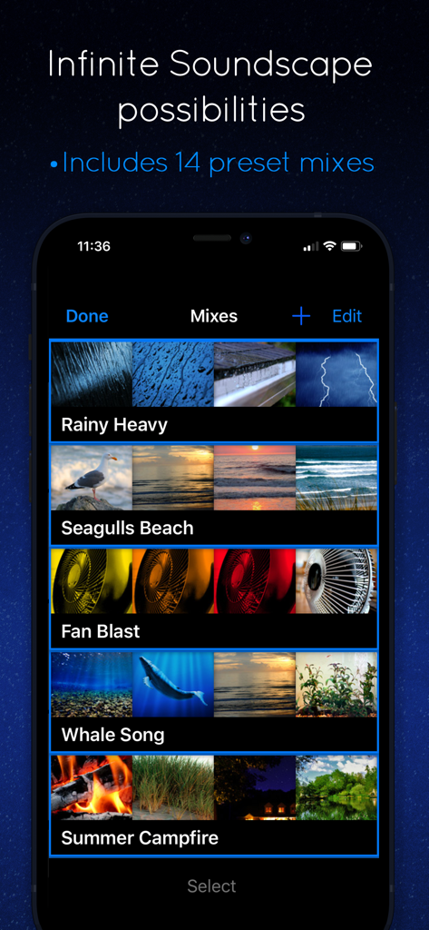 Sleep Machine - Tela do aplicativo Máquina de Dormir mostrando uma lista de mixagens de som predefinidas como Chuva Forte e Praia com Gaivotas.