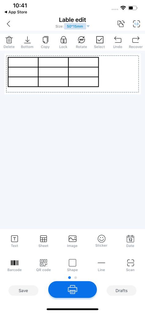 Luck Jingle - Interfaz de la app móvil Luck Jingle mostrando un editor de etiquetas con herramientas para crear pegatinas personalizadas y cuadrículas para impresión térmica