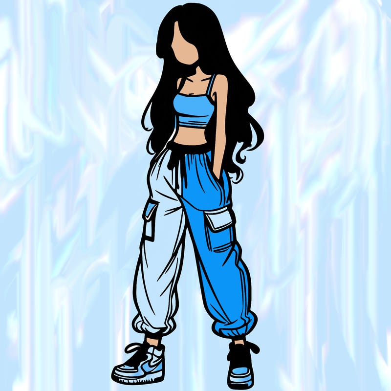 girl in baggy pants crop top and long hair