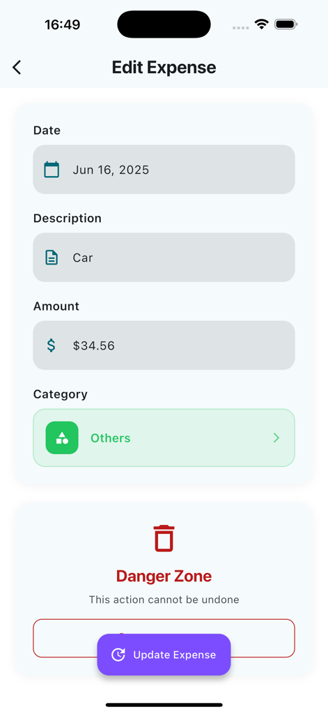 Daily Expense Tracker - The edit expense interface of the Daily Expense Tracker app showing fields for date description amount and category.