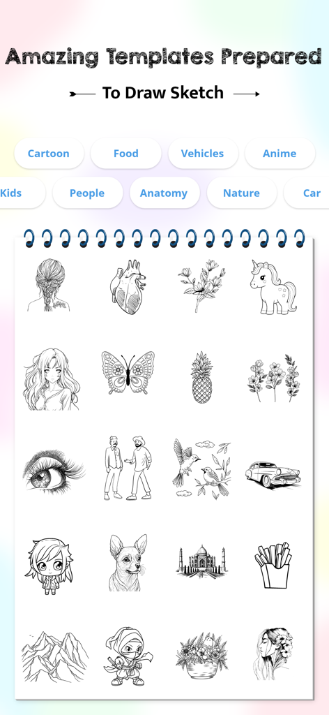 Una galería de varias plantillas de bocetos y categorías de dibujo que incluyen anime y naturaleza