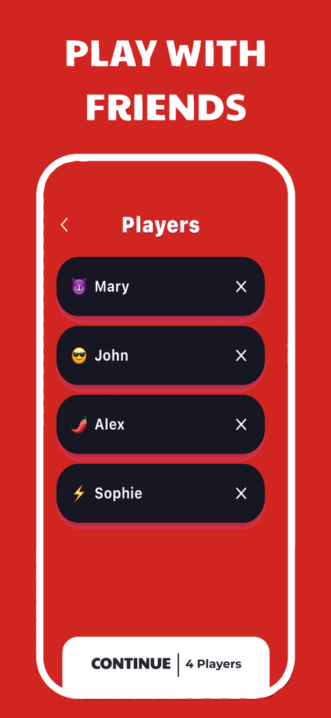 Bildschirm eines Mobilgeräts, der die Spieler-Auswahlliste für das Fakr Imposter Game mit vier Teilnehmern zeigt