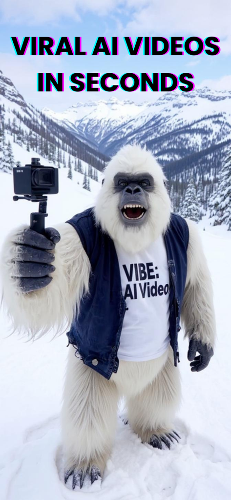 An AI generated white yeti character holding a camera in a snowy mountain setting for viral video creation