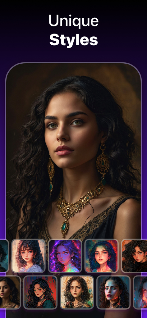 A mobile app screen showing a realistic portrait of a woman with a selection of various AI-generated artistic styles below it.