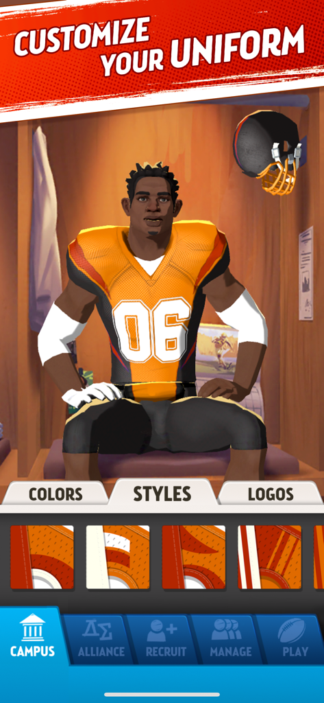 Rival Stars College Football - Football player in a locker room with a menu to customize team uniform colors styles and logos