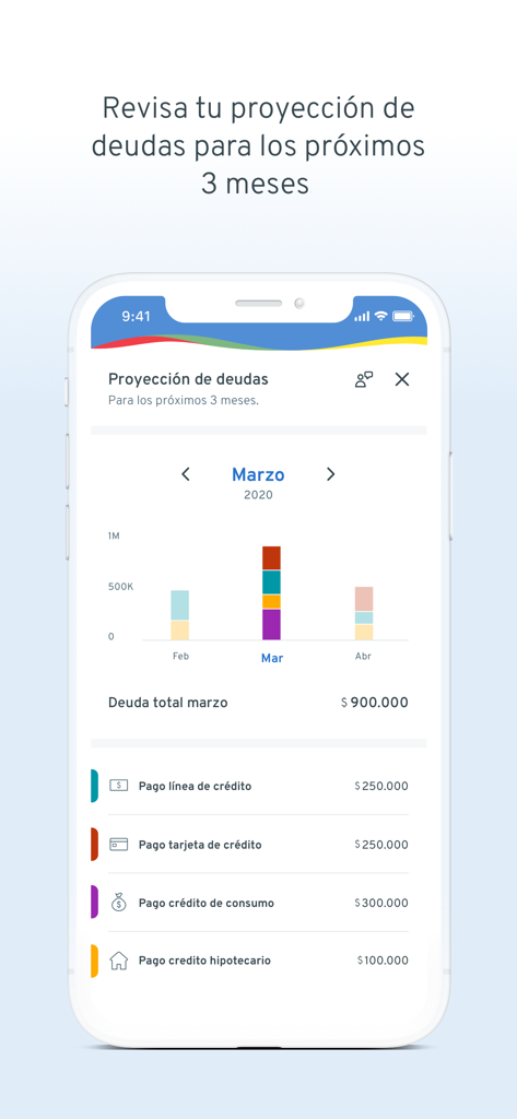 Pantalla de la aplicación de banca móvil Bci mostrando una proyección de deuda a tres meses y un resumen financiero