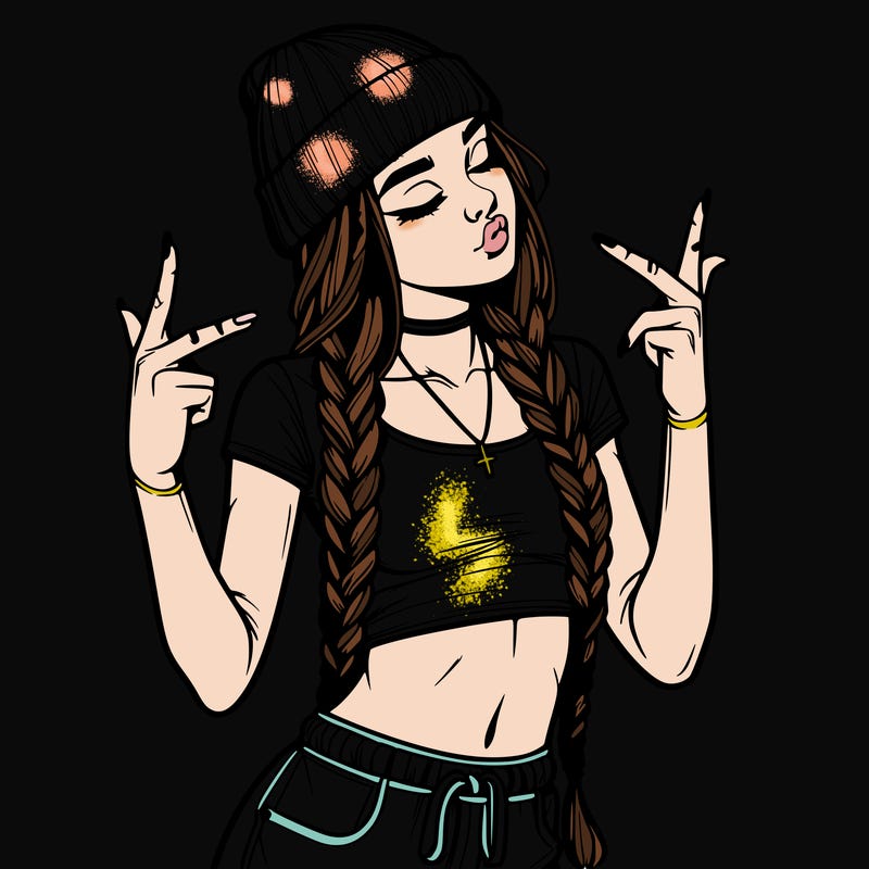 realistic teenage girl with braids and a beanie and crop top doing 🫶🏼