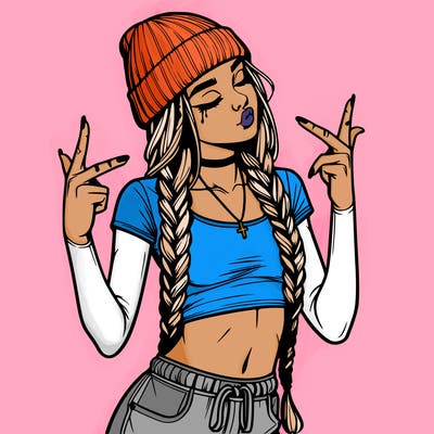 realistic teenage girl with braids and a beanie and crop top doing 🫶🏼