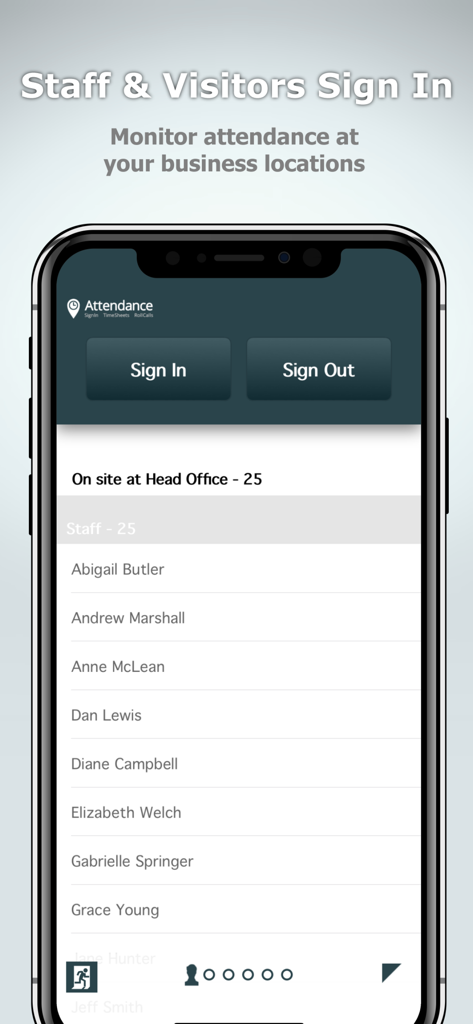 Mobile application screen showing sign-in and sign-out buttons for staff and visitors with a list of people on site.