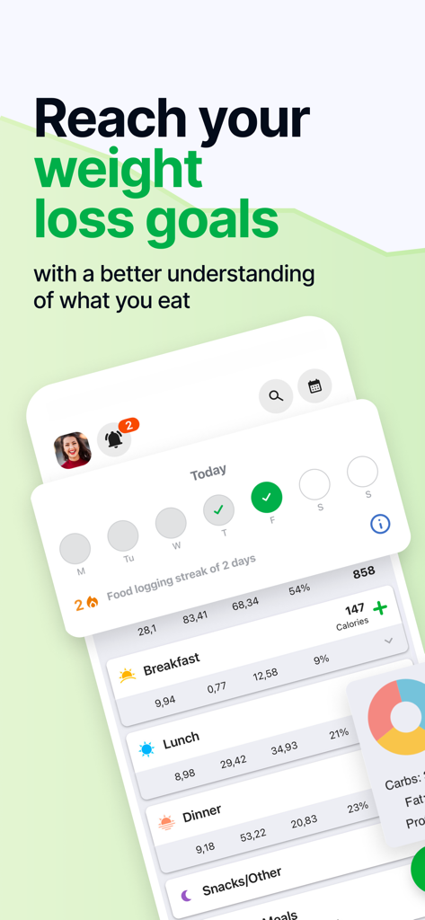 Mobile interface of Calorie Counter by fatsecret showing food logging and meal tracking