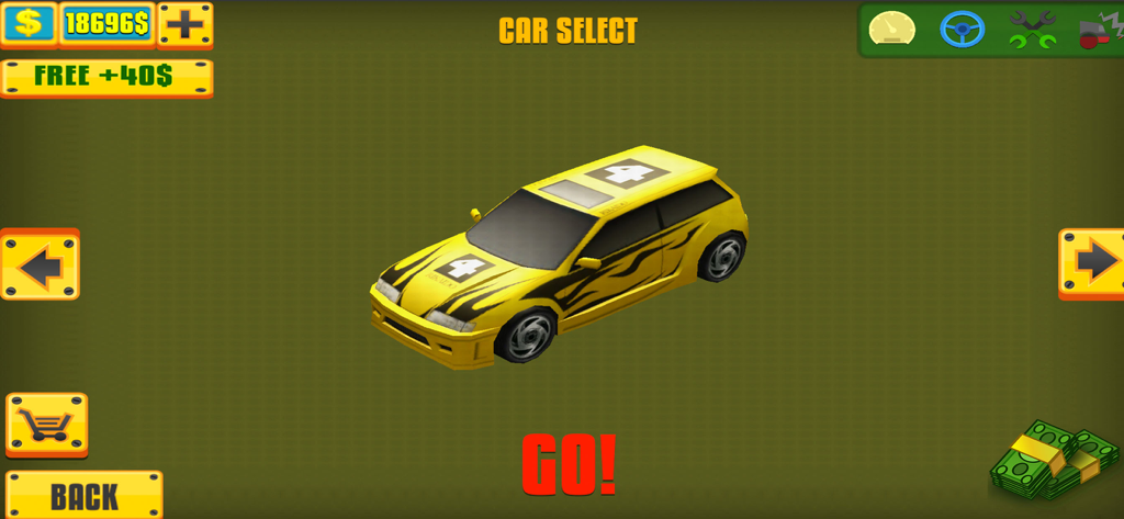 Cartoon Car Chase Challenge - Yellow racing car on the car selection menu of Cartoon Car Chase Challenge app
