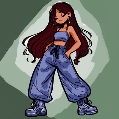 girl in baggy pants crop top and long hair