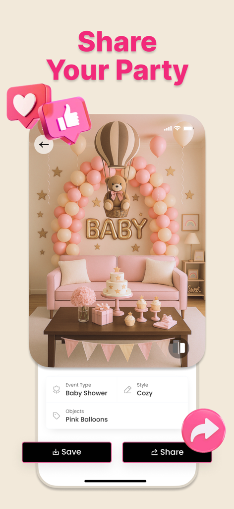 AI Event Planner~Party Design - AI Event Planner app interface displaying a pink baby shower design with a share button