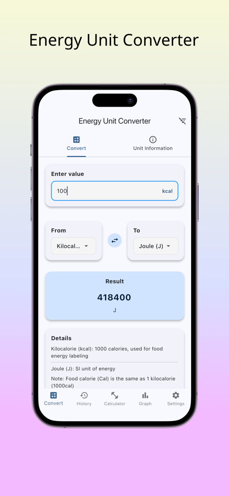 Enecon - Energy Unit Converter - Interfaccia dell'app Enecon che mostra la conversione di 100 chilocalorie in 418400 Joule con dettagli sulle unità