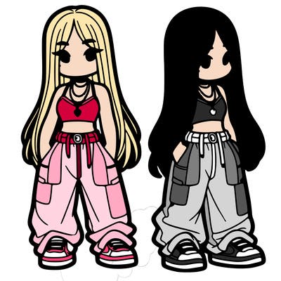 girl in baggy pants crop top and long hair