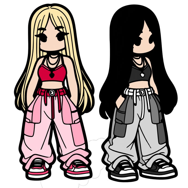 girl in baggy pants crop top and long hair