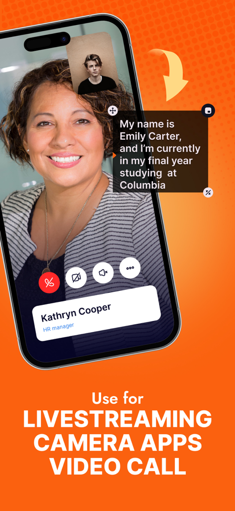 Teleprompter Video Script Pro - Smartphone screen showing a floating teleprompter script overlaying a video conference call
