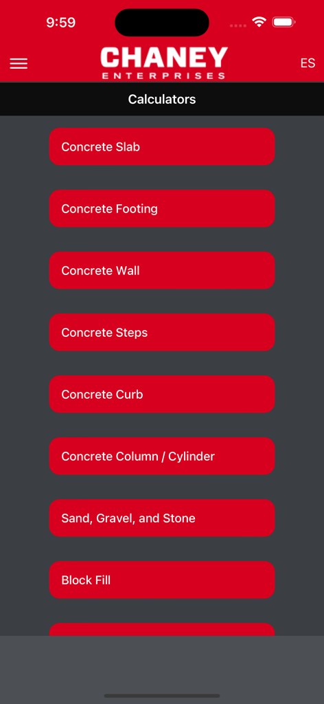 Concrete and Agg Calculator - Hauptbildschirm der Chaney Enterprises Beton- und Zuschlagstoffrechner-App mit verschiedenen Werkzeugen zur Baukalkulation