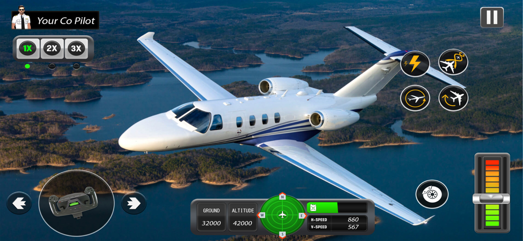 A white private jet flying over a scenic lake and islands with flight controls in Aircraft Flight Simulator 2024.