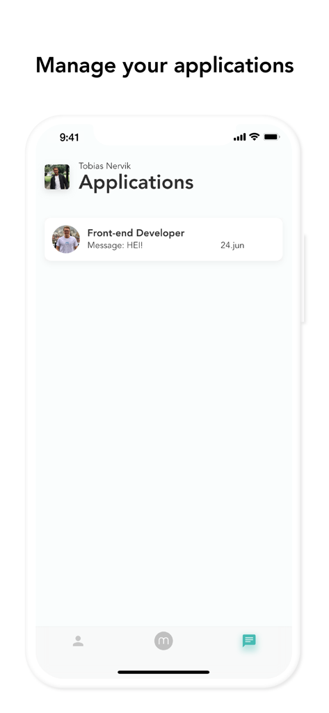 Interface móvel do aplicativo Mojob mostrando uma lista de candidaturas enviadas, incluindo uma vaga para Desenvolvedor Front end