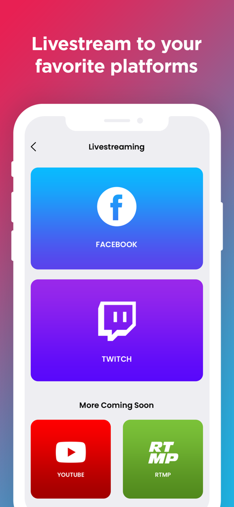 Interface of the Screen Recorder app displaying livestreaming options for Twitch, YouTube, and Facebook.
