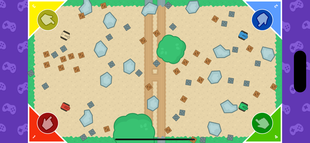 Game Mania World - Multiplayer - A top down view of a four player tank battle arena in Game Mania World showing colorful tanks and environmental obstacles