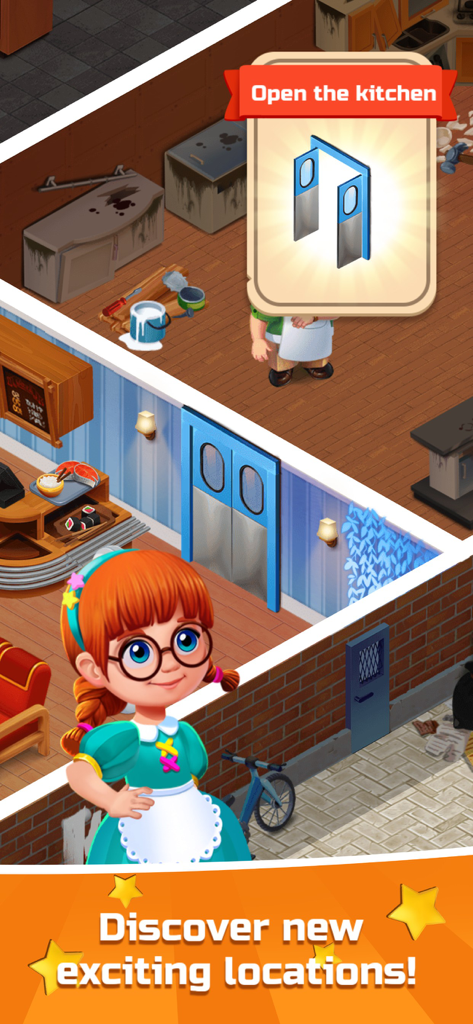 Word Sauce: Connect Puzzle! - Personnage dans une scène de rénovation de cuisine du jeu mobile Word Sauce