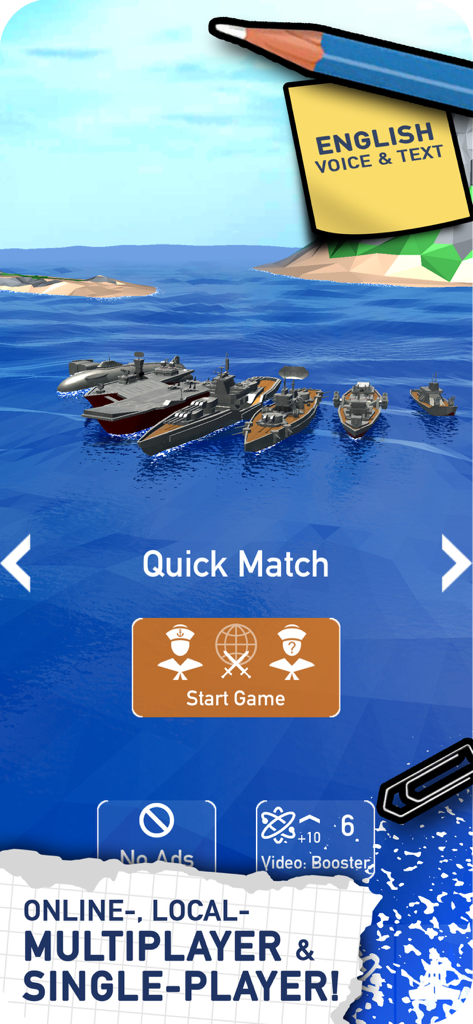 Fleet Battle: Sea Battle game - Fleet Battle mobile game menu showing quick match options and 3D naval ships