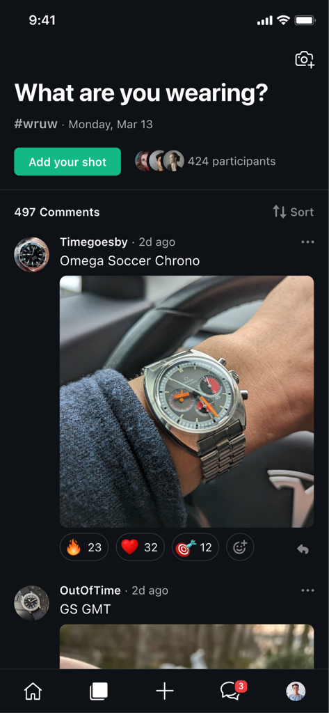 WatchCrunch Official - WatchCrunch app interface displaying a community feed where users share wrist shots of their watches.